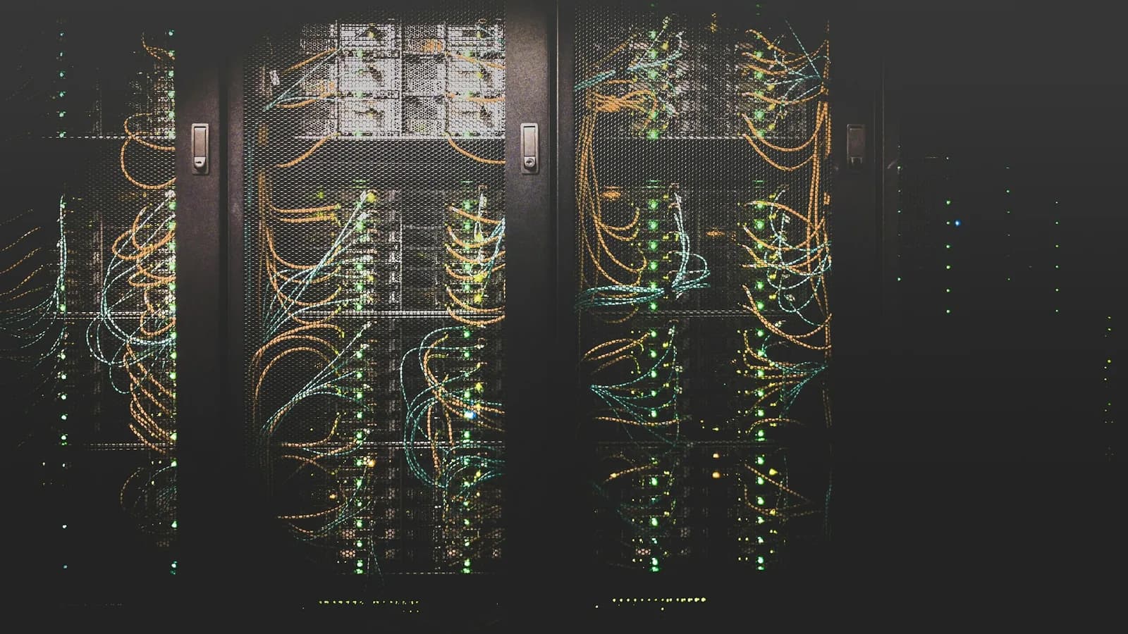 Server-room patch panels with neatly bundled cables and indicator lights.